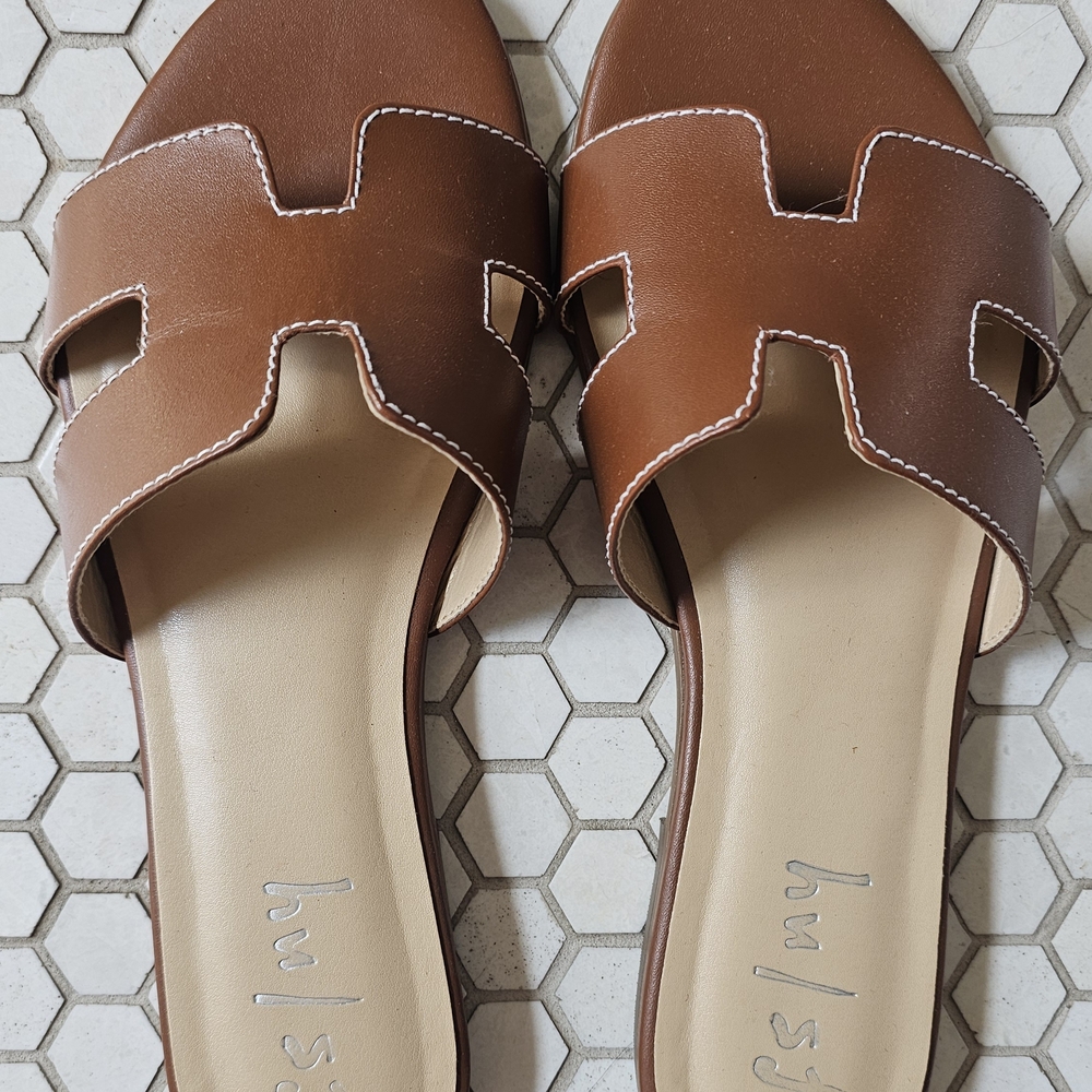 French Sole Tan Leather Slide Sandals Alibi Cognac
